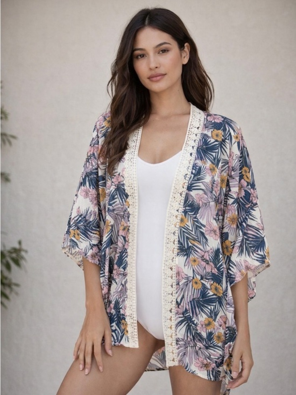 Rewind Floral Lace Trim Kimono Swim Coverup Bohemian Coastal Womens XS